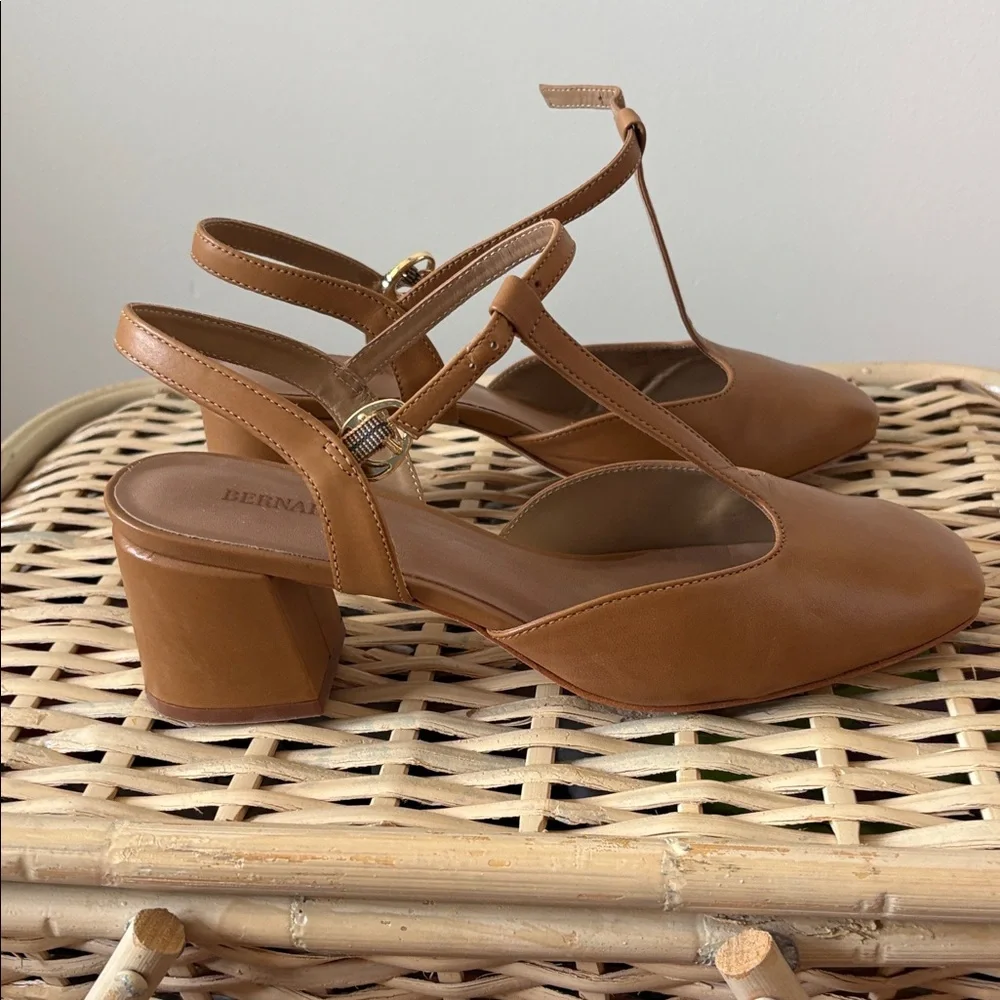 Bernardo Cognac T-Strap Leather Heels